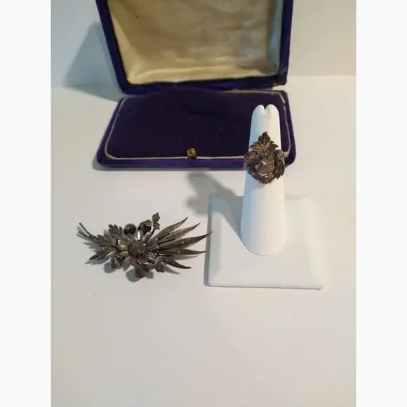 Victorian Antique Austrian Branch Brooch Ring Set Rose Cut Diamond Silver Leaf - Picture 2 of 16